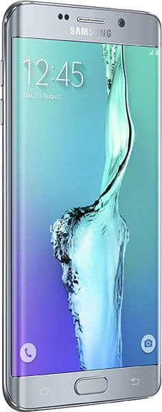 Samsung Galaxy S6 Edge+ front view, silver, displaying lock screen with time and water splash wallpaper
