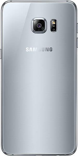 Samsung Galaxy S6 Edge+ rear view, silver finish, showing camera and flash