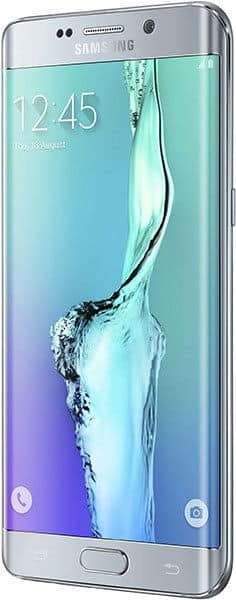 Samsung Galaxy S6 Edge+ smartphone displayed from front angle, showing turquoise wallpaper with water splash on screen