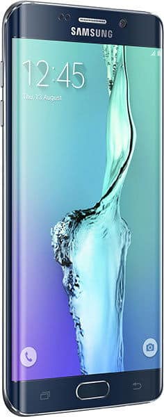 Samsung Galaxy S6 Edge+ front view, displaying lock screen with time and water splash wallpaper