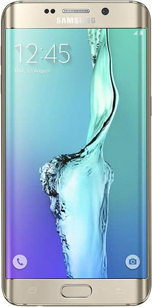 Samsung Galaxy S6 Edge+ front view, gold, displaying lock screen with time 12:45 and water splash graphic