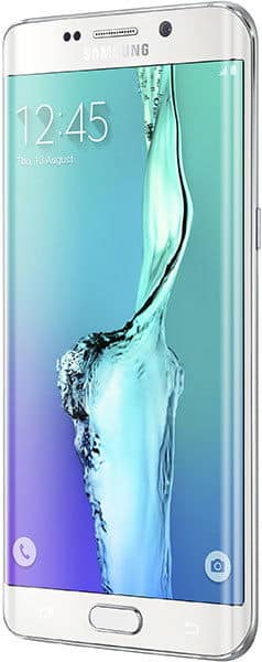 Samsung Galaxy S6 Edge+ front view, white, displaying home screen with turquoise water wallpaper and time 12:45