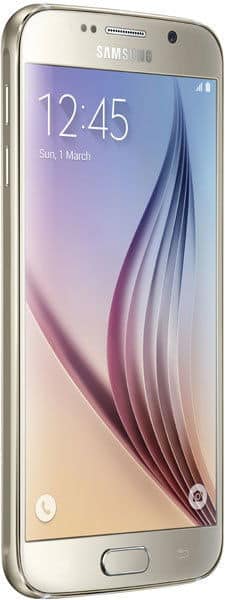 Samsung Galaxy S6 front view, white, displaying home screen with time 12:45 and abstract curved design wallpaper