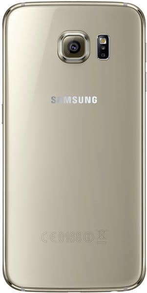 Samsung Galaxy S6 rear view, showing gold finish, camera lens, and Samsung branding on back