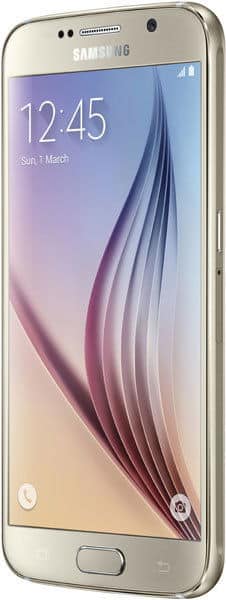 Samsung Galaxy S6 front view, displaying time 12:45 on purple and beige gradient screen
