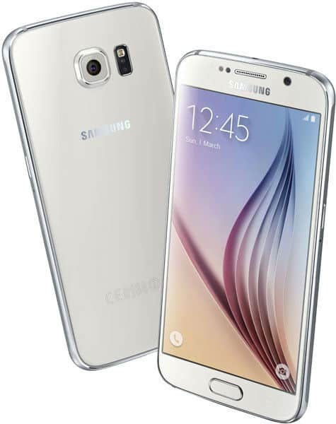 Samsung Galaxy S6 in white, shown from rear and front angles with camera and home button visible