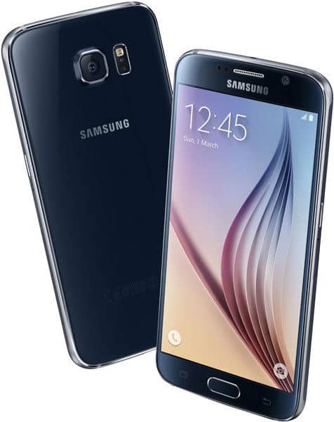 Samsung Galaxy S6 in black, shown from rear and front views displaying time 12:45 on screen