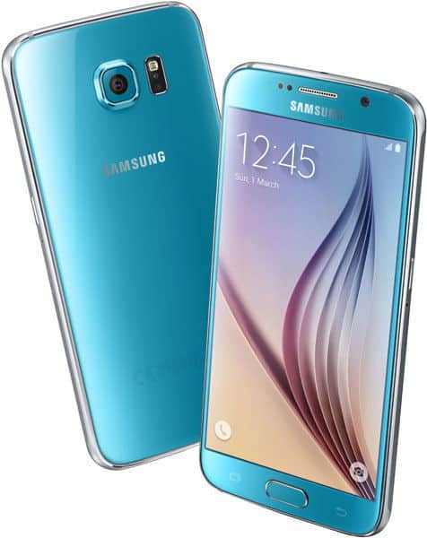 Samsung Galaxy S6 in blue, shown from rear and front angles displaying home screen with time 12:45