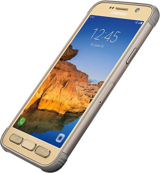Samsung Galaxy S7 Active front view with gold finish, displaying lock screen showing time 12:45 and rocky landscape wallpaper
