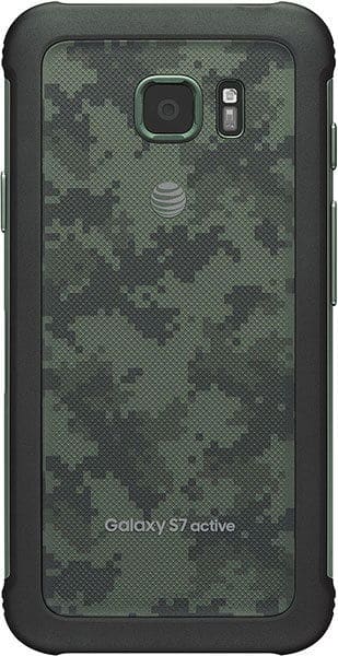 Samsung Galaxy S7 Active rear view, showing camouflage-patterned back with camera and AT&T logo