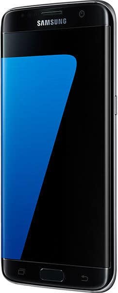 Samsung Galaxy S7 Edge, front view with screen displaying blue curved design on black background