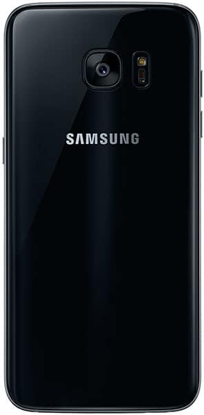 Samsung Galaxy S7 Edge, rear view, black with Samsung branding and dual camera setup visible