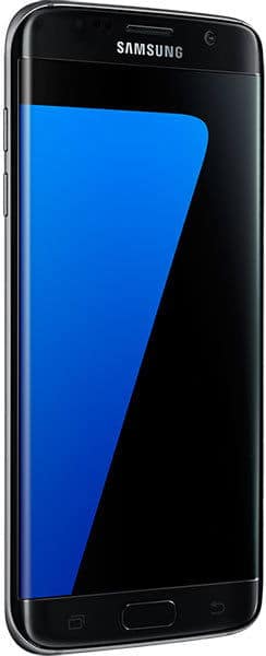 Samsung Galaxy S7 Edge, front view, displaying blue screen with black bezel and home button