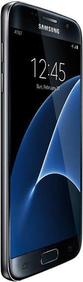Samsung Galaxy S7 front view with screen on, displaying time and date with blue curved wallpaper design