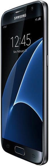Samsung Galaxy S7 front view with display showing time 12:45 and curved blue wallpaper design