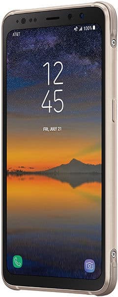 Samsung Galaxy S8 Active front view, displaying time 12:45 and sunset landscape wallpaper on screen