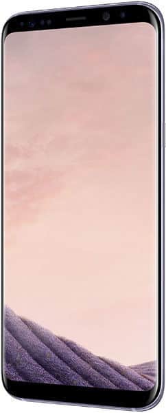 Samsung Galaxy S8 front view with curved edges, displaying a light pink and purple landscape wallpaper on screen