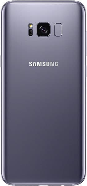 Samsung Galaxy S8 rear view, showing purple-gray back panel with camera and flash, Samsung branding centered