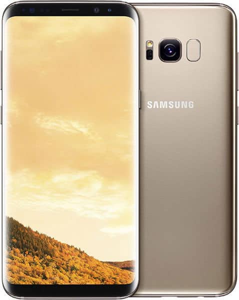 Samsung Galaxy S8 in champagne gold, front and rear view, displaying landscape with golden sky on screen