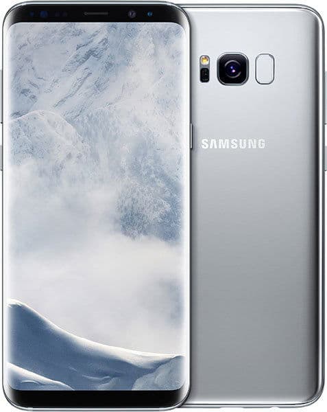 Samsung Galaxy S8 rear and front view, silver, displaying snowy mountain landscape on screen