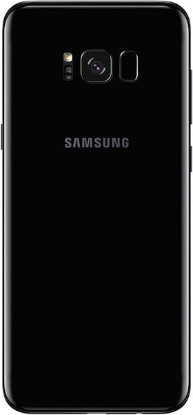 Samsung Galaxy S8+ rear view, black, showing camera and Samsung logo on back panel