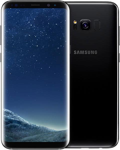 Samsung Galaxy S8+ front and rear view, black phone with curved display showing starry night sky wallpaper