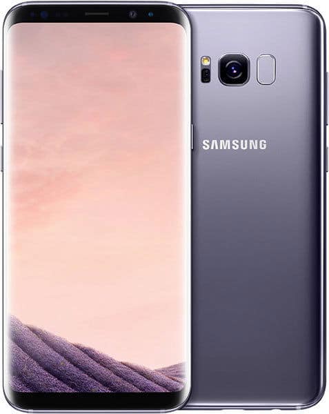 Samsung Galaxy S8+ front and rear view, showing curved display with pink wallpaper and dark purple back with camera