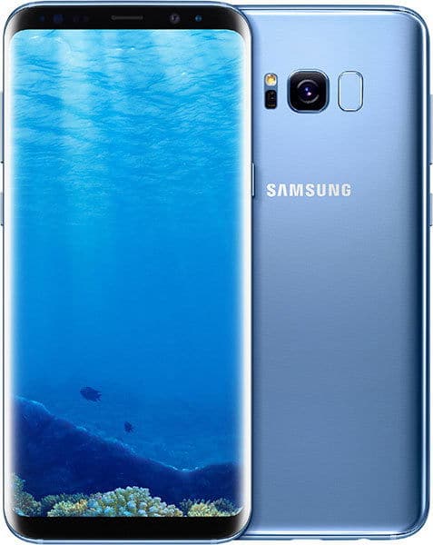 Samsung Galaxy S8+ front and rear view, displaying blue ocean scene on screen, silver finish back with camera and Samsung branding