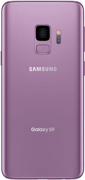 Rear view of Samsung Galaxy S9 in purple, showing rear camera, fingerprint sensor, LED flash, and logos.