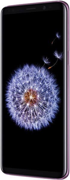 Front view of Samsung Galaxy S9 in purple, thin bezels, displaying a dandelion close-up on black background.