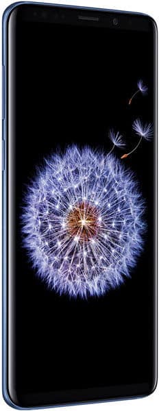 Samsung Galaxy S9+ displaying dandelion wallpaper with seeds dispersing on black screen, shown at an angle from the front