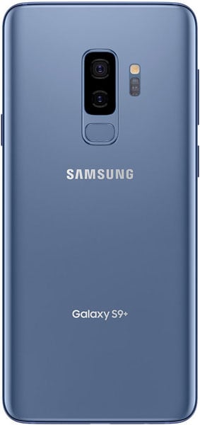 Samsung Galaxy S9+ rear view in blue, showing dual camera and fingerprint sensor