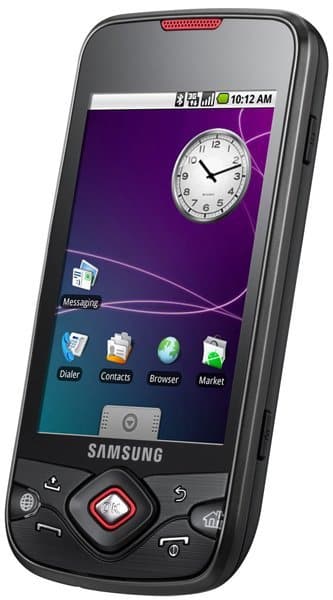 Samsung Galaxy Spica front view with screen displaying home screen, clock widget, and app icons including Messaging, Dialer, Contacts, Browser, and Market