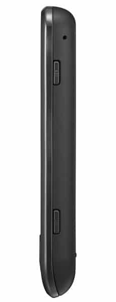 Samsung Galaxy Spica, side view of black smartphone showing curved edges and control buttons