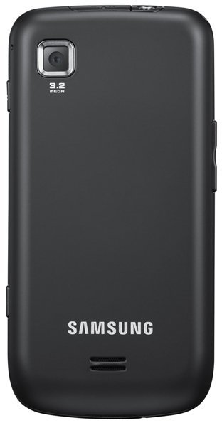 Samsung Galaxy Spica rear view, black phone with 3.2-megapixel camera and Samsung logo visible