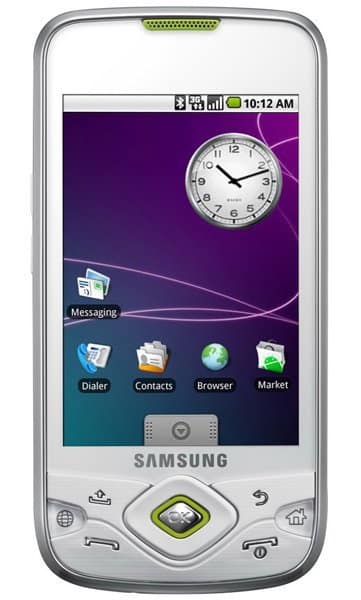 Samsung Galaxy Spica front view with purple home screen displaying clock, app icons, and navigation buttons