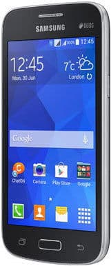 Samsung Galaxy Star 2 Plus front view showing blue lock screen with time 12:45, weather widget, and home screen app icons