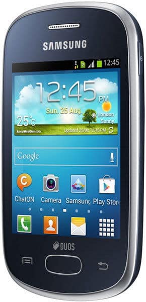 Samsung Galaxy Star front view with touchscreen displaying home screen, apps, and time 12:45