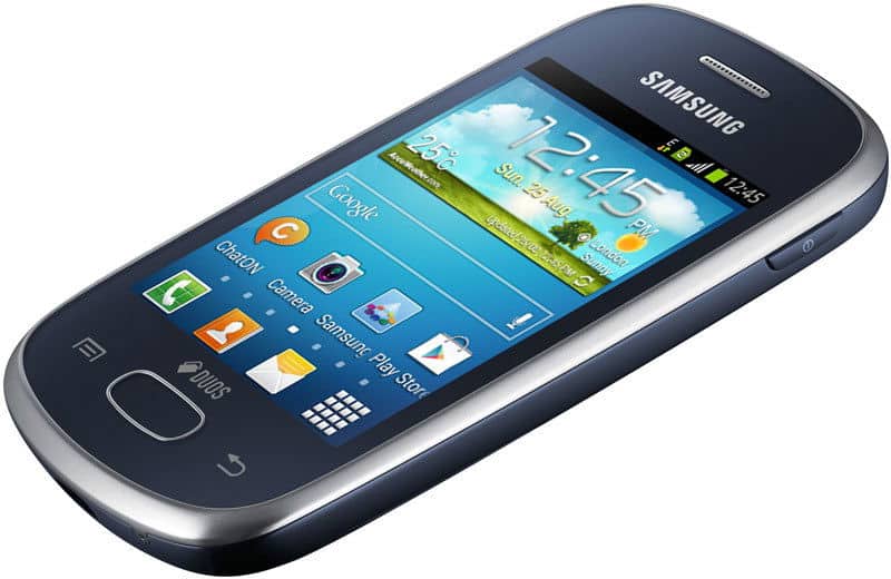 Samsung Galaxy Star front view with dark blue casing, touchscreen displaying home screen with app icons and time display