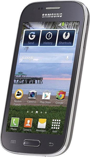 Samsung Galaxy Stardust front view with home screen displaying apps, Google search bar, and landscape wallpaper with pier and sunset