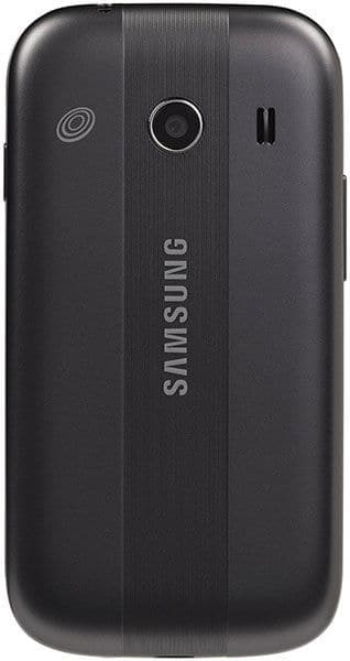 Samsung Galaxy Stardust rear view, black phone with textured center stripe and camera lens visible