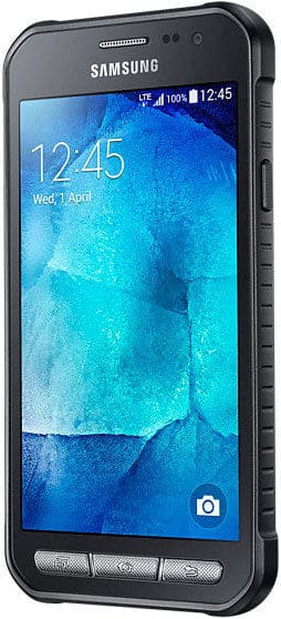 Samsung Galaxy Xcover 3 front view with blue water-themed display showing time 12:45, physical buttons below screen, and camera icon