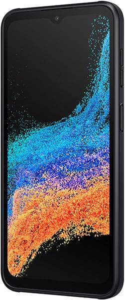 Samsung Galaxy Xcover 6 Pro smartphone, angled front view, large screen with vibrant blue, orange, and yellow abstract pattern.
