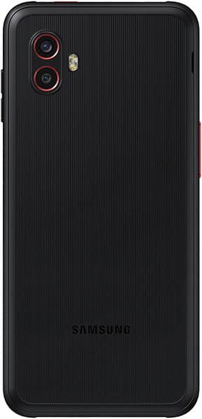 Rear view of black Samsung Galaxy Xcover 6 Pro showing dual cameras, LED flash, textured back, and Samsung logo at bottom.