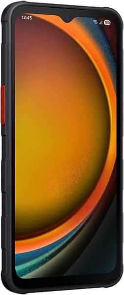 Front view of Samsung Galaxy Xcover 7 Pro showing black frame, orange side button, and screen with abstract orange-yellow design.
