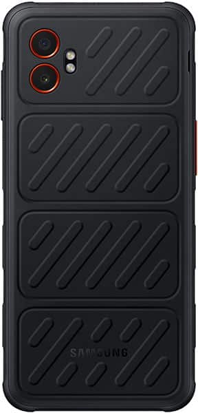 Rear view of black Samsung Galaxy Xcover 7 Pro with textured back, dual red-accented cameras, LED flash, red side button, and logo.
