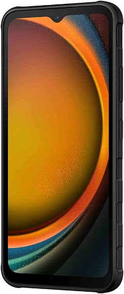 Samsung Galaxy Xcover 7 front view, black device with colorful abstract gradient wallpaper on screen