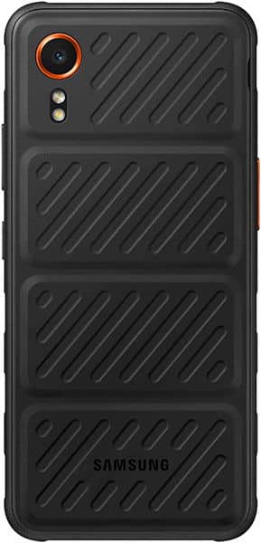 Samsung Galaxy Xcover 7 rear view, black with orange camera ring and diagonal grip pattern across back panel