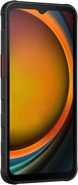 Samsung Galaxy Xcover 7 front view with colorful gradient wallpaper on screen and black frame
