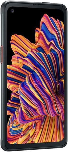Samsung Galaxy Xcover Pro front view with colorful abstract wavy pattern on screen, black frame and edges visible